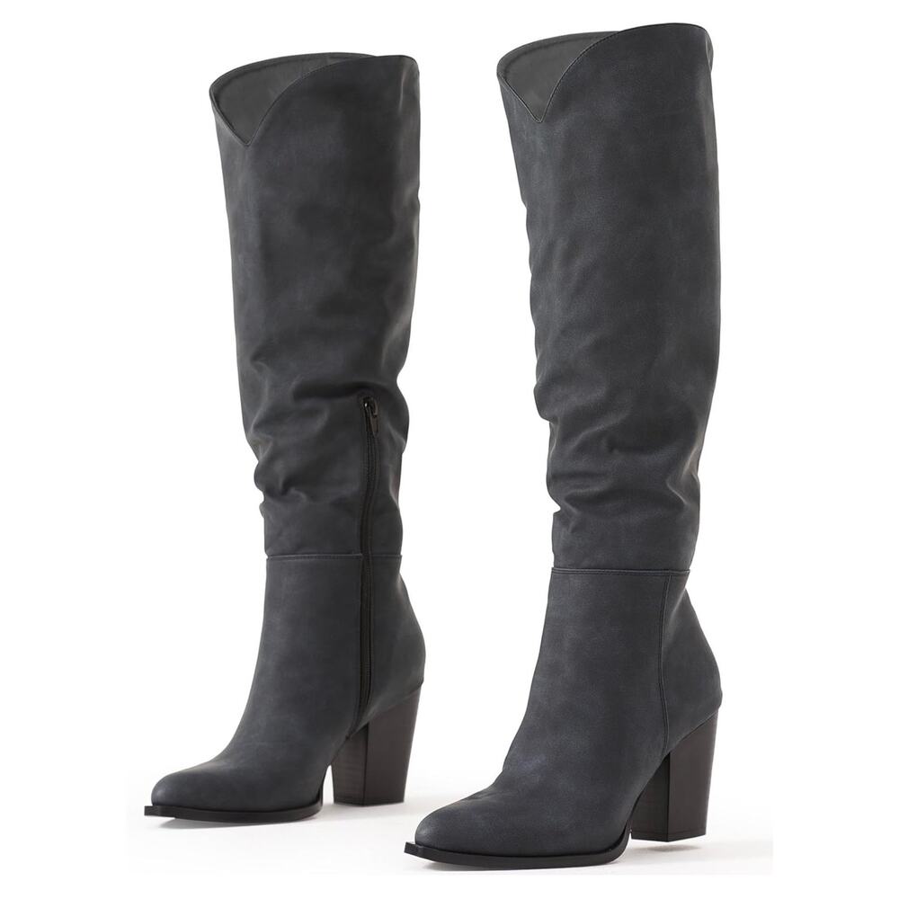 Putu Knee High Western Pointed Toe Tall Boots with a block heel 8.5 New Black